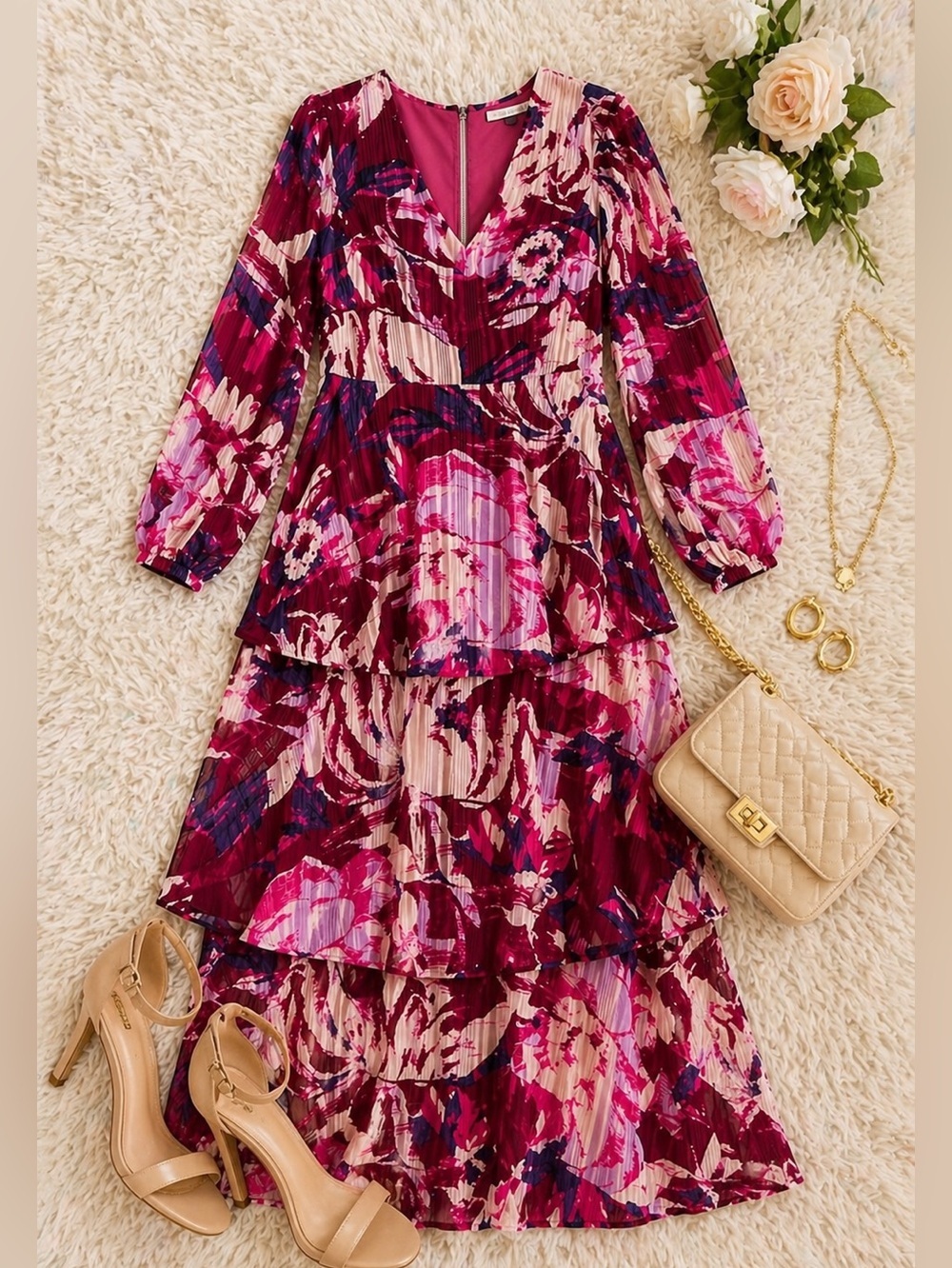 RACHEL RACHEL ROY Blouson-Sleeve Blurred Roses Print Maxi Dress Size 8 NWT